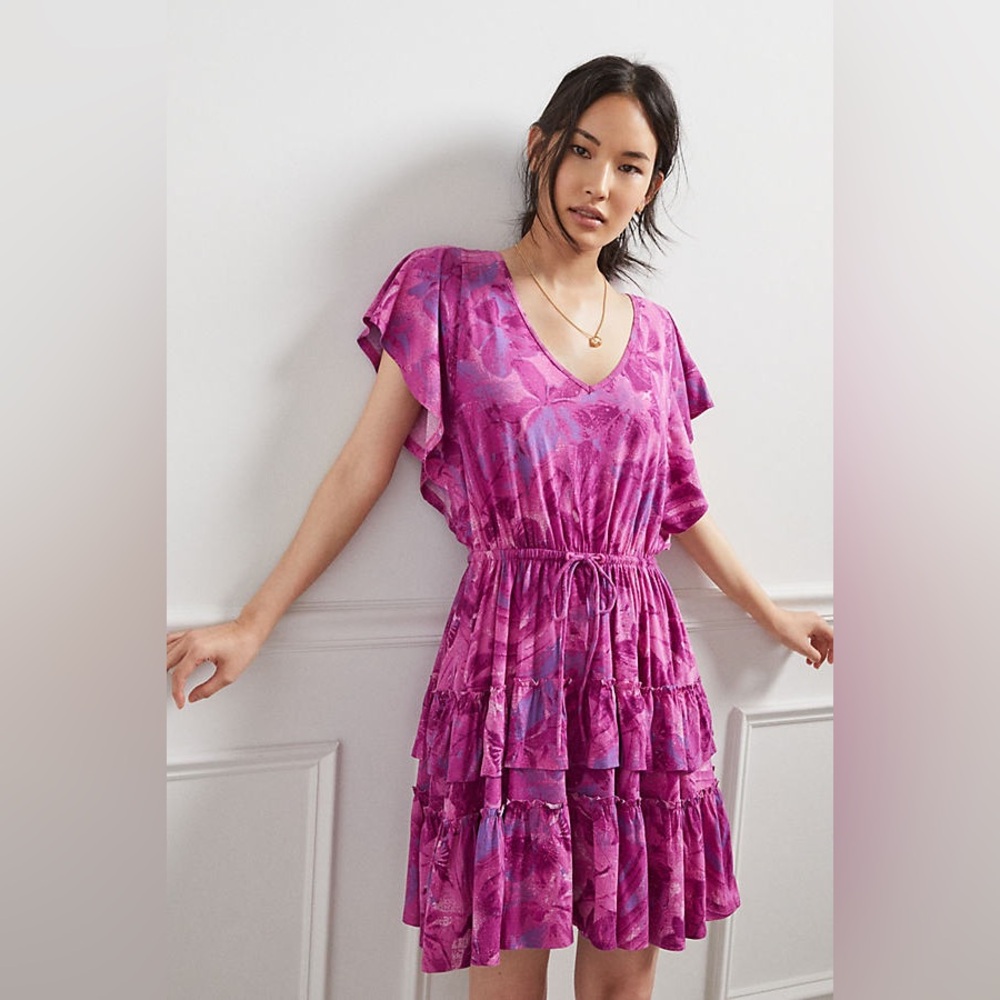 Anthropologie Daily Practice Pink Floral Tiered Ruffle Mini Dress - Size Medium